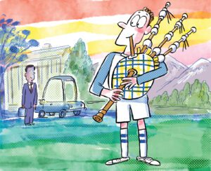 Cartoon illustration of a bagpiper playing on the south end of campus. A man in a dark suit listens from a distance.