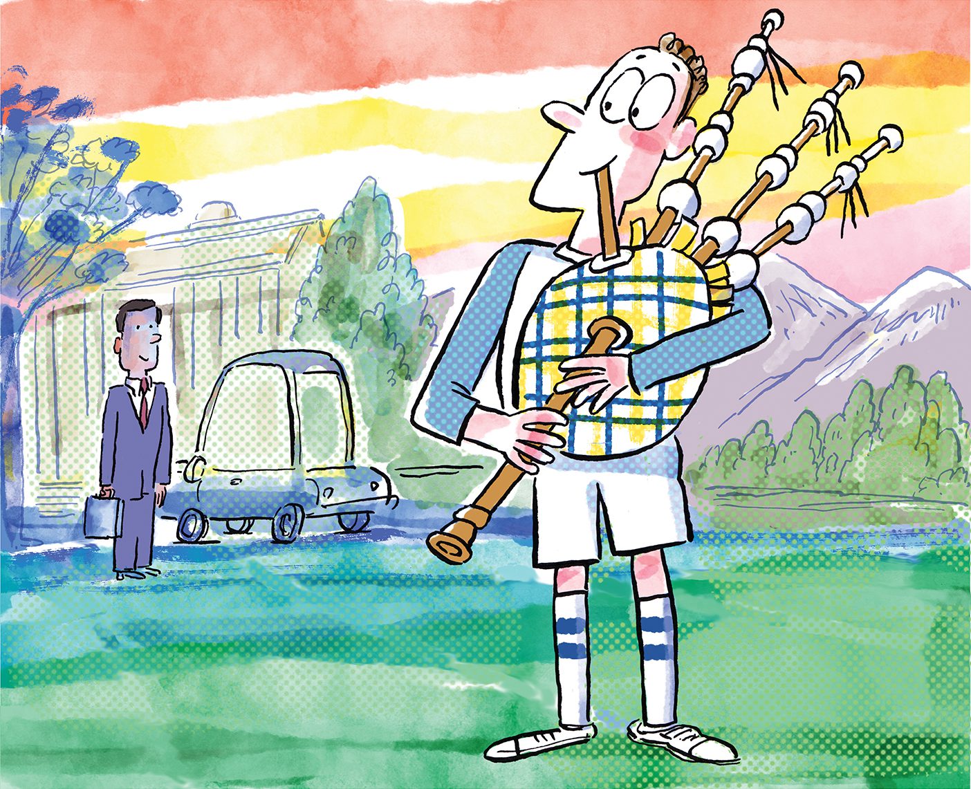 Cartoon illustration of a bagpiper playing on the south end of campus. A man in a dark suit listens from a distance.