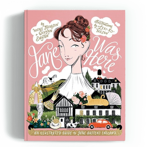 Cover image of the book "Jane Was Here" featuring an illustration of Jane Austen among various buildings in England.