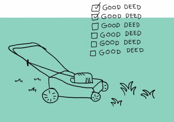 Illustration of a lawnmower with a partly completed checklist with words saying "good deed" next to each checkbox.