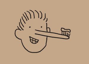 Illustration of a boy with Pinocchio nose that looks like a toothbrush.