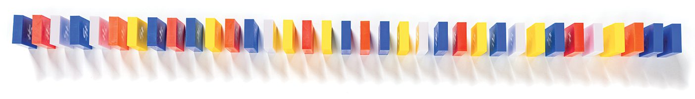 A row of yellow, red, and blue dominoes.