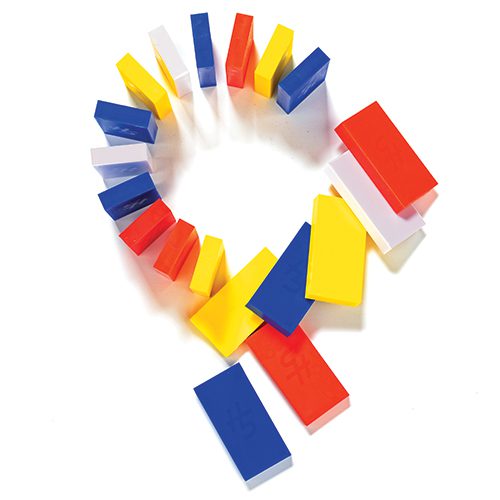 A circle of red, yellow, white, and blue dominoes.