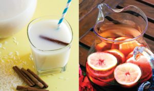 Two photos side by side of horchata and agua de jamaica. On the left, is homemade horchata, and on the right is Agua de Jamaica.