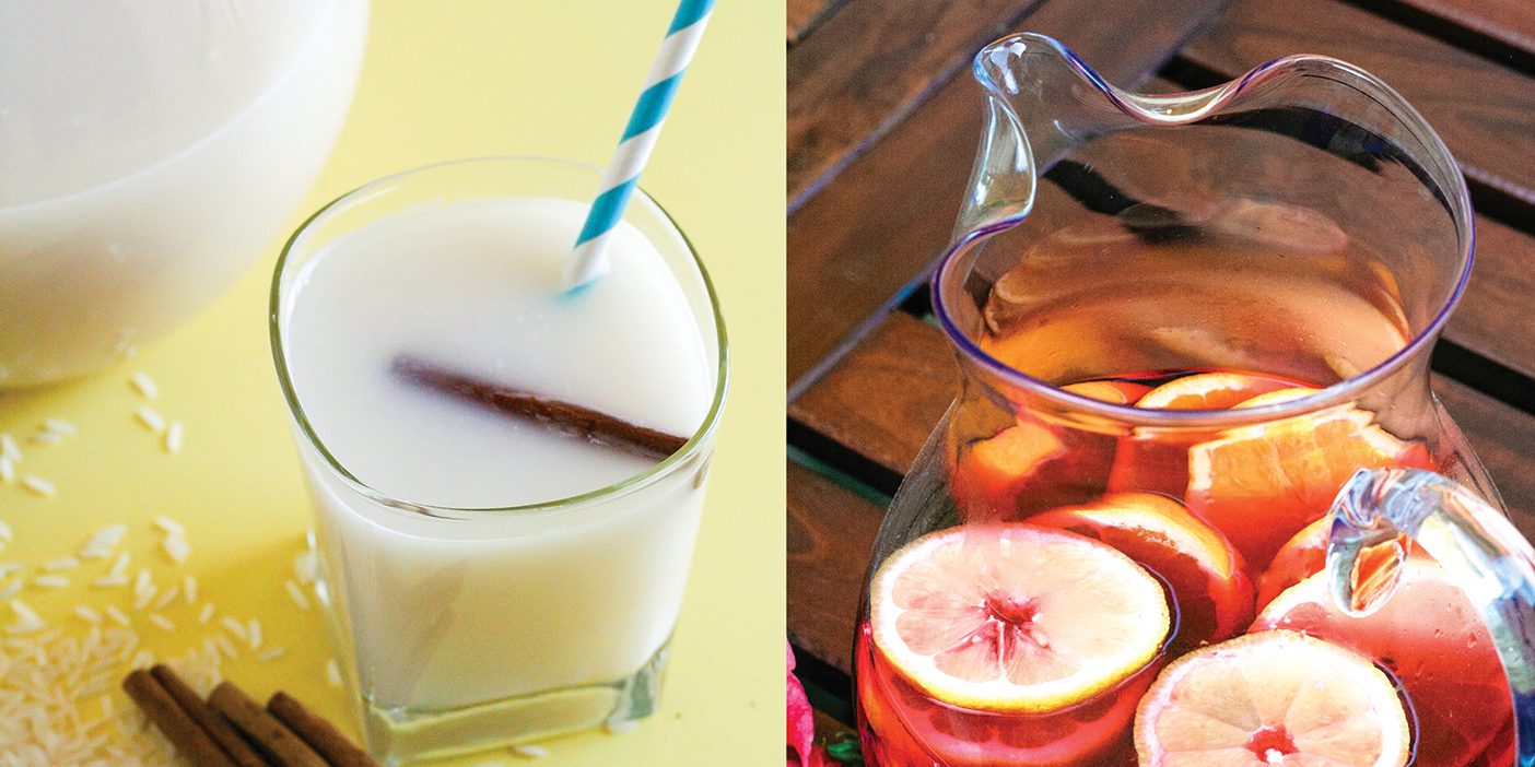 Two photos side by side. On the left, is homemade horchata, and on the right is Agua de Jamaica.