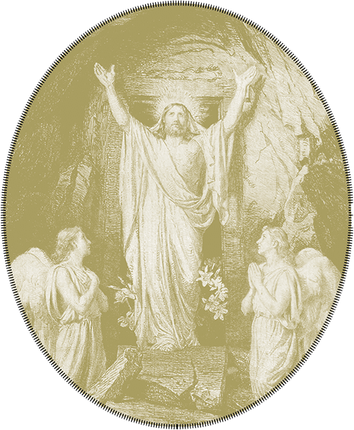 A wood etching by Carl Bloch of Christ emerging from the tomb.