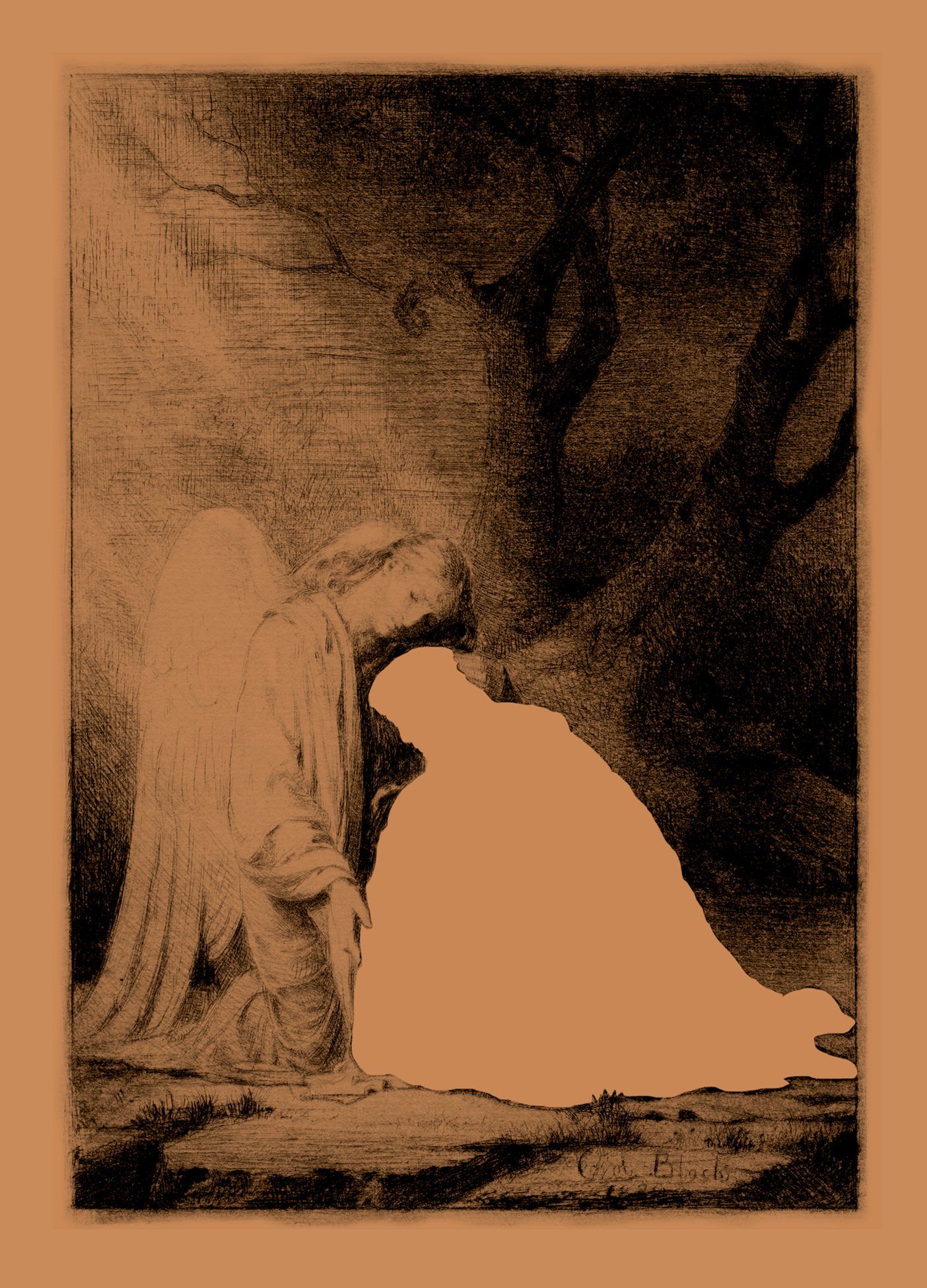 A wood etching by Carl Bloch shows Christ at Gethsemane with an angel comforting Him. The figure of Christ is cropped out, leaving a color background in His place.