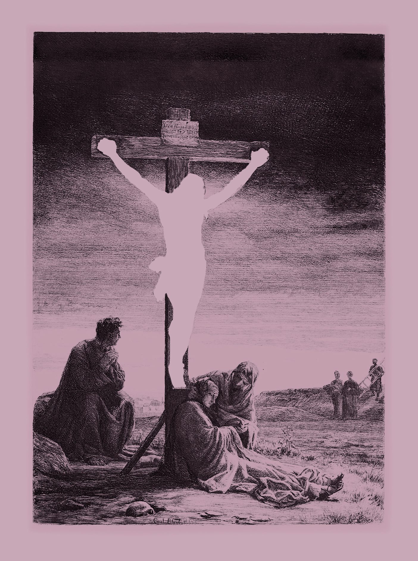 A wood etching by Carl Bloch shows Christ on the cross. The figure of Christ is cropped out, leaving a color background in His place.