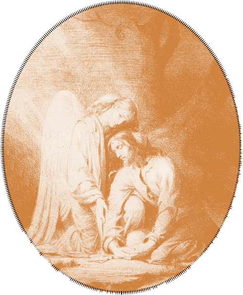 A wood etching by Carl Bloch shows Christ at Gethsemane with an angel comforting Him.