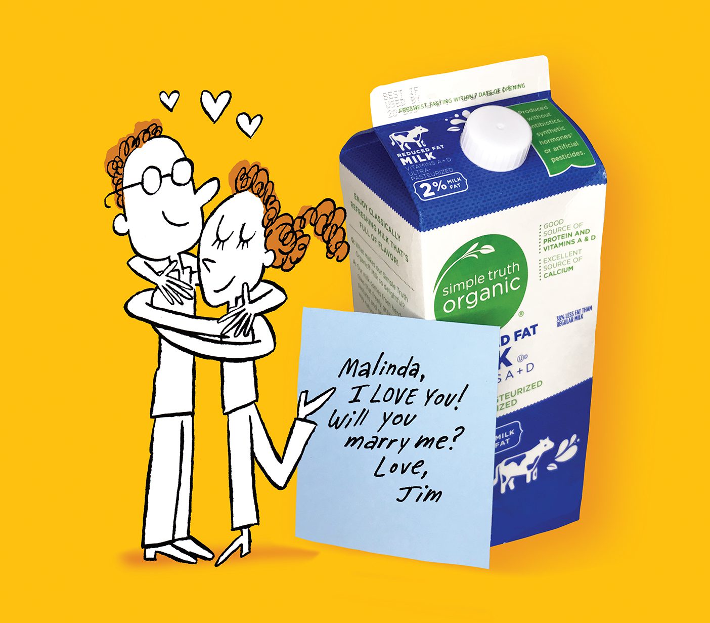 A cartoon couple embraces next to a carton of milk with a note that says Malinda I love you! Will you marry me? Love, Jim.