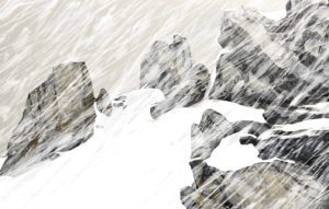 Artwork of a snow covered mountain.