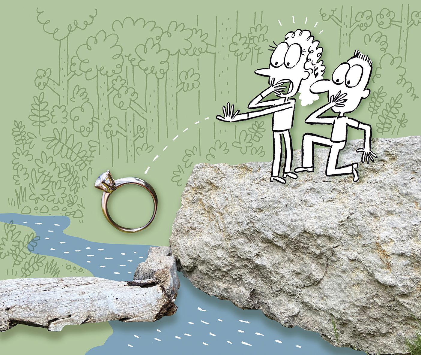 An engagement ring falls from the hand of a cartoon female standing on a rock by a river right after a proposal by a male student who is still on one knee.