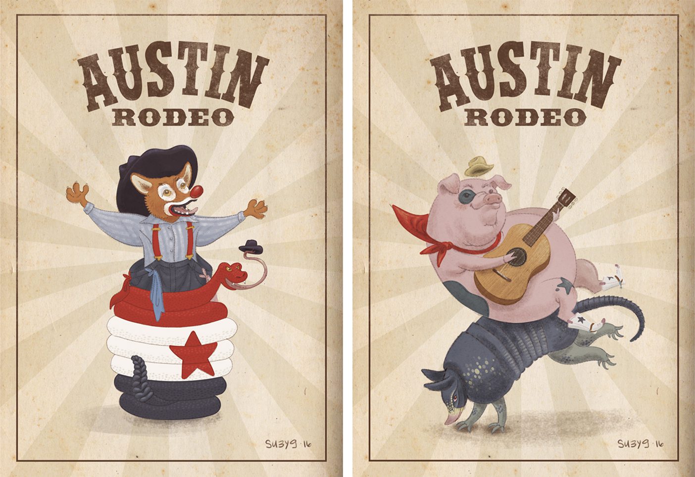 Rodeo posters featuring a pig playing a guitar while sitting on a bucking armadillo and a fox with clown make-up.