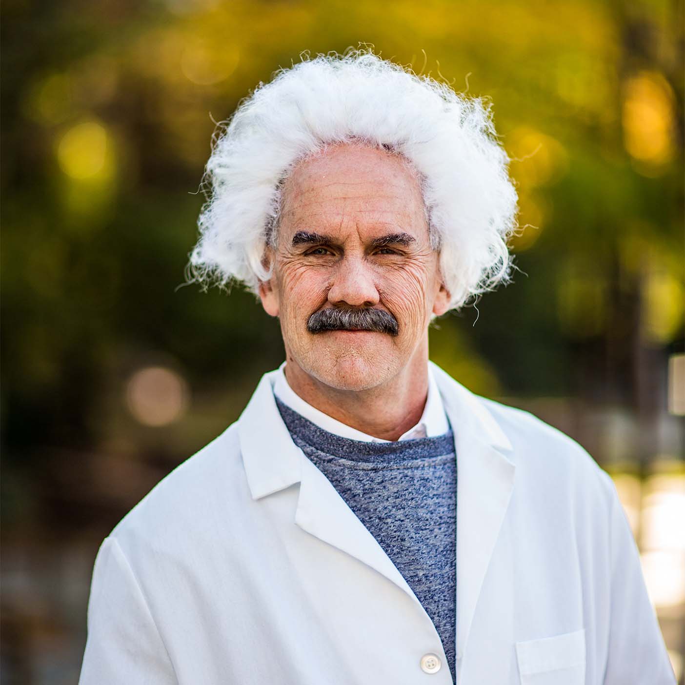 Tom Holmoe dressed up as Albert Einstein for Halloween.