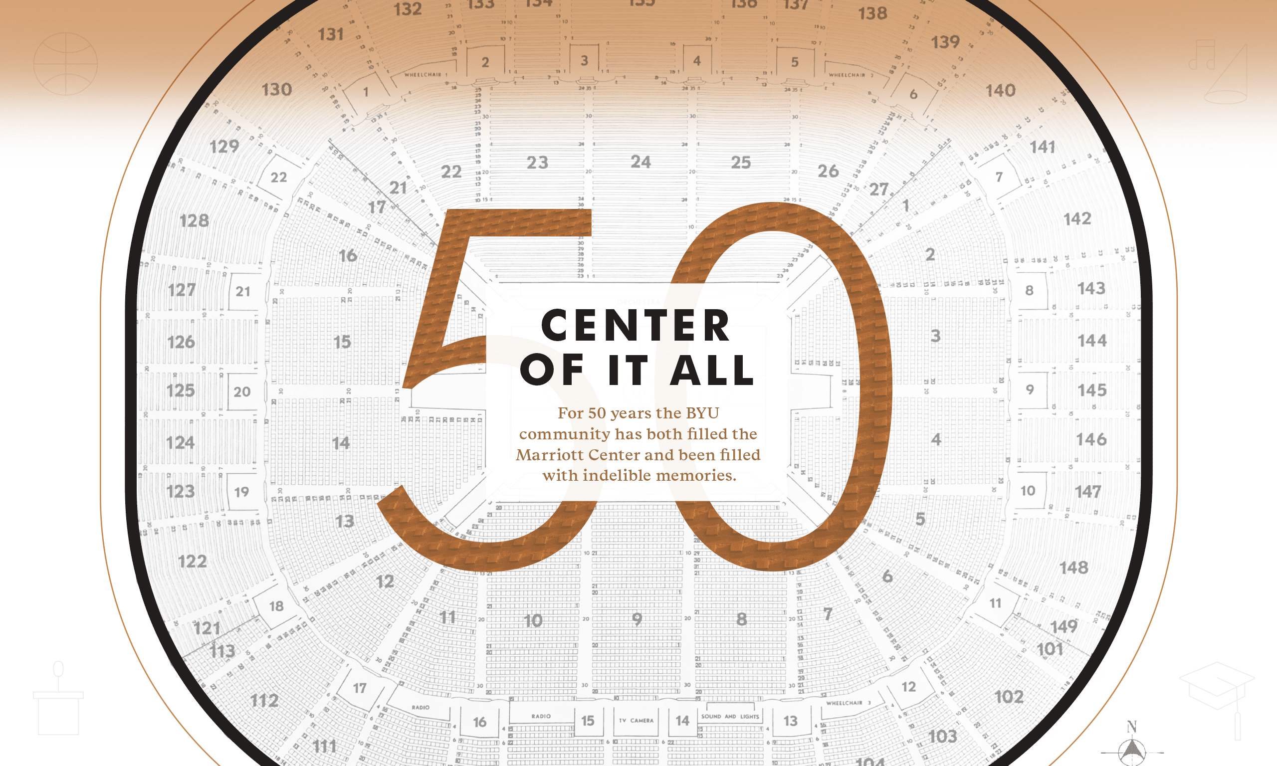 A seating chart showing the Marriott Center area with the text Center of it All: For 50 years the BYU community has both filled the Marriott Center and been filled with indelible memories.