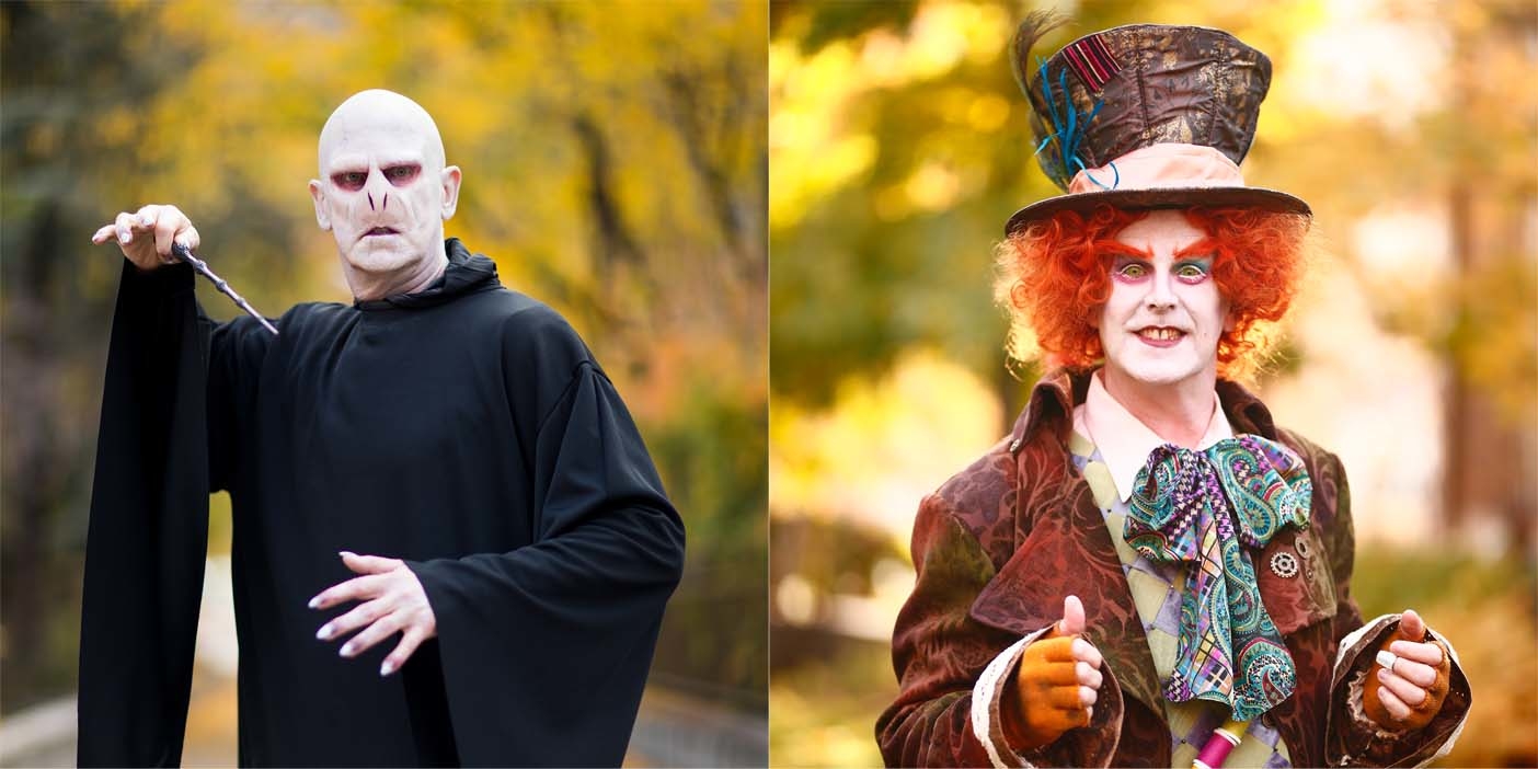 A split image with Tom Holmoe dressed up as Voldemort on the left and the Mad Hatter on the right.