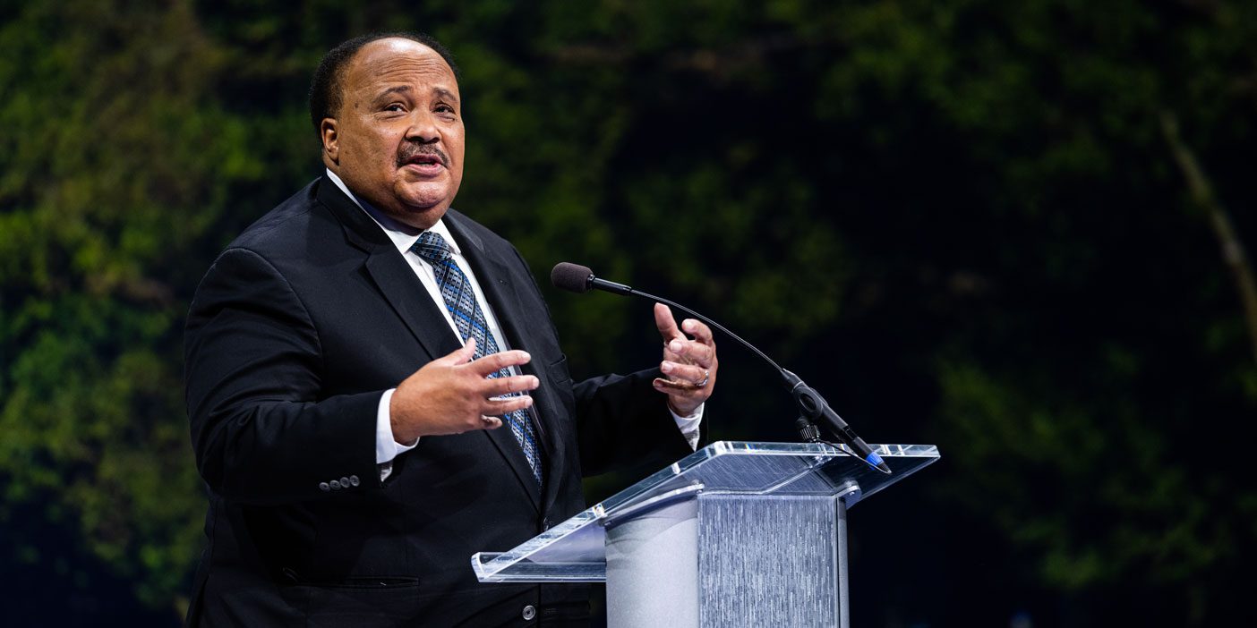 Martin Luther King III speaks at a podium.