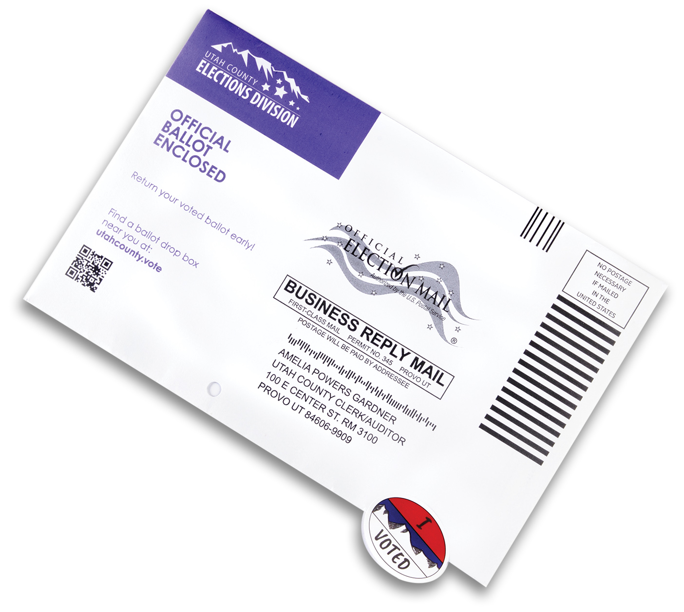 an official voting ballot envelope addressed to the Utah County Clerk/Auditor
