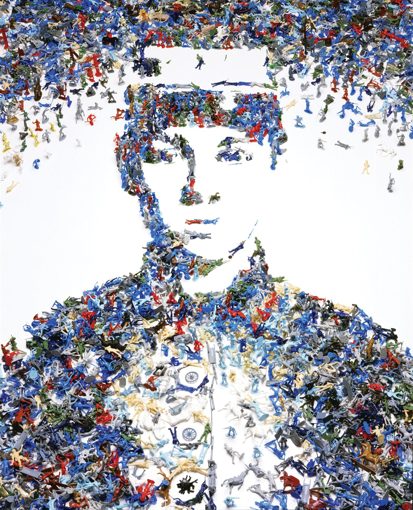 An art piece that shows a portrait of a soldier made out of toy soldiers