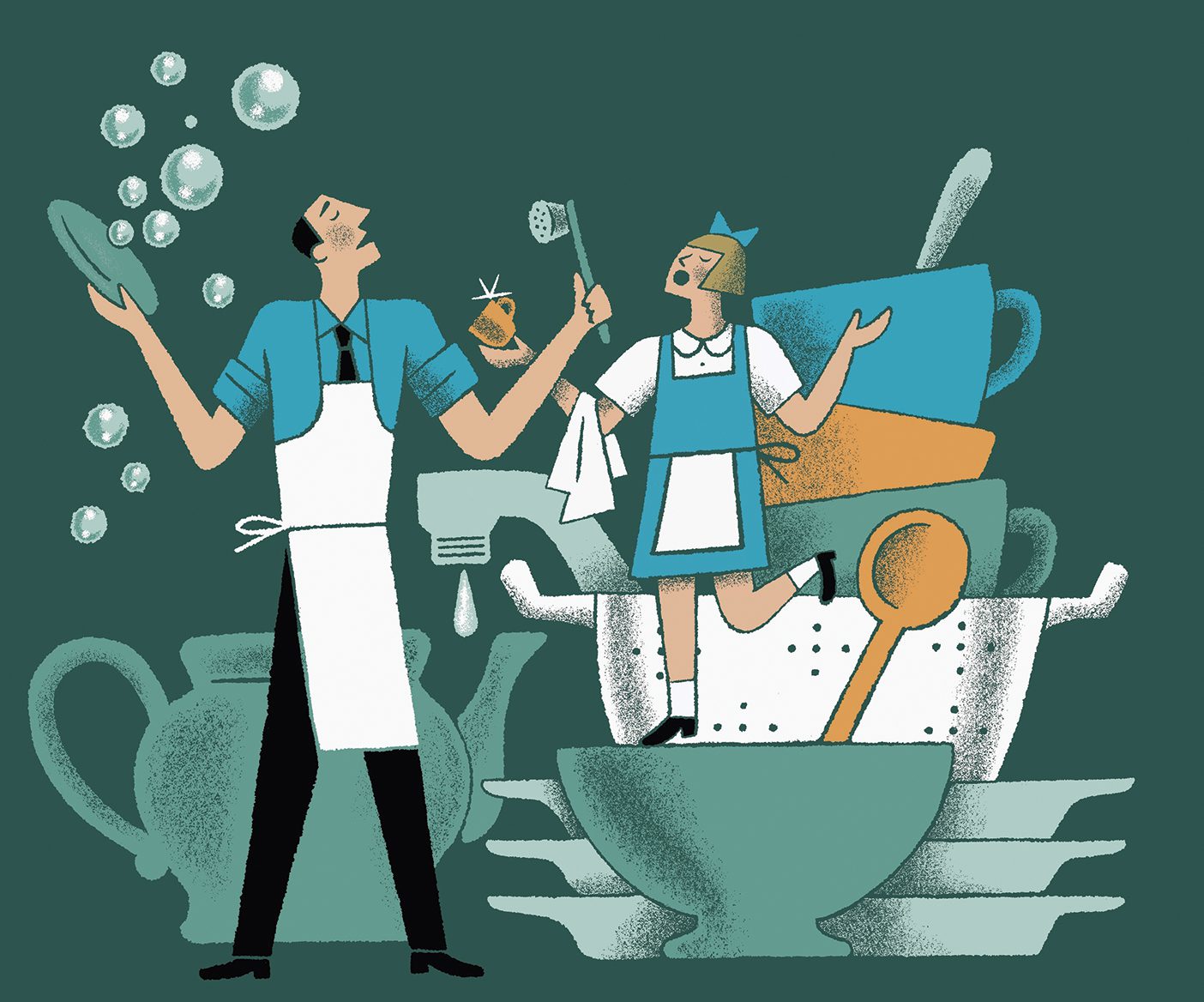 An illustration of a father and daughter washing dishes and singing.