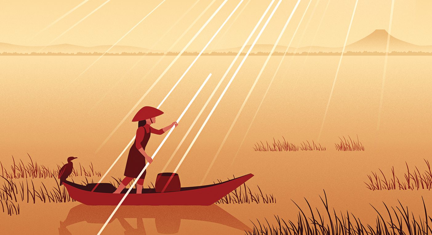 An illustration of a Japanese woman in a river boat.