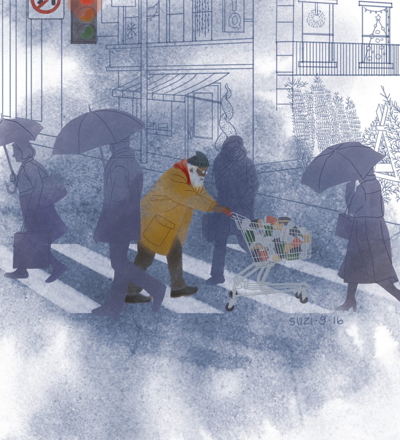 An illustration of a homeless man pushing cart of groceries through a crowd of people in a crosswalk.