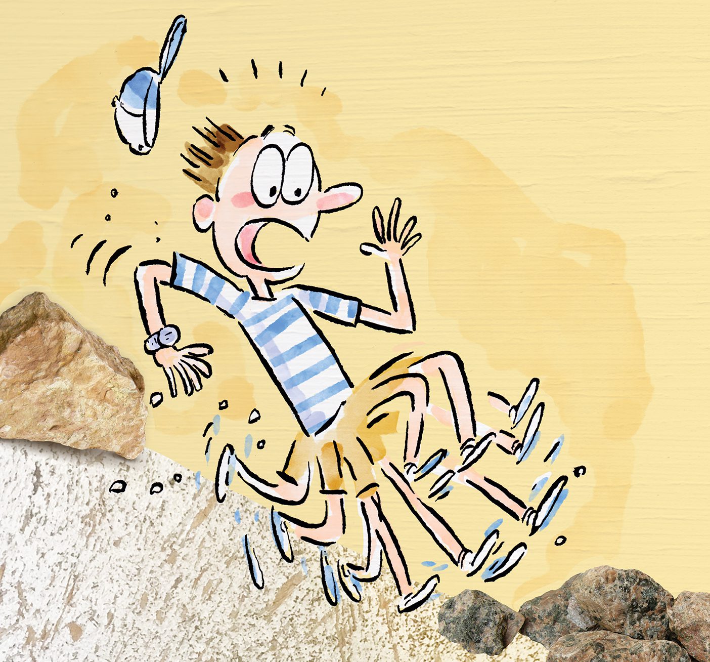 An illustration of a boy running down a mountain. He looks panicked, and his baseball hat is falling off.
