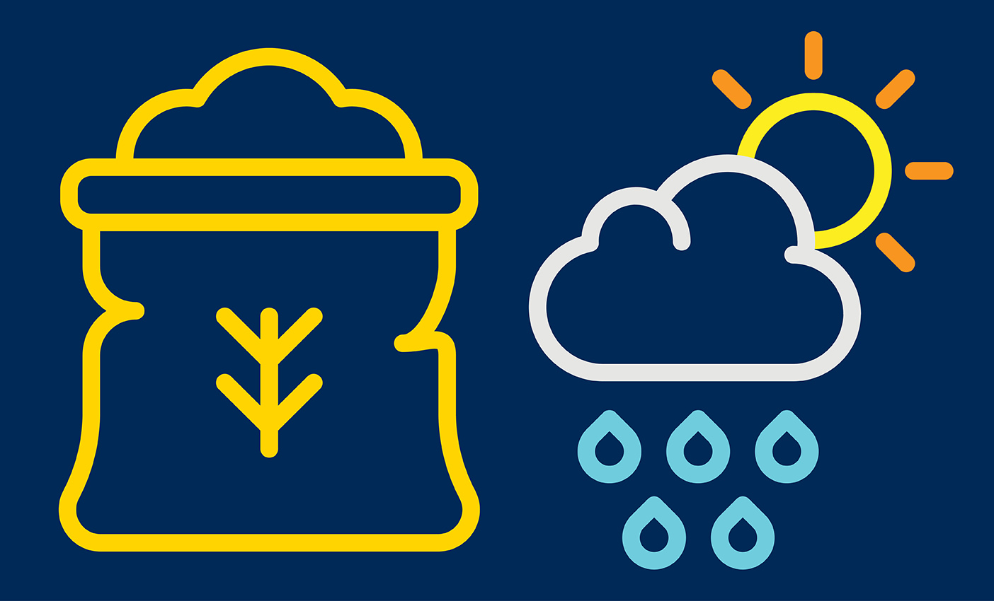 A line drawing of a sack of seeds, next to a line drawing of a raincloud with the sun peaking behind it