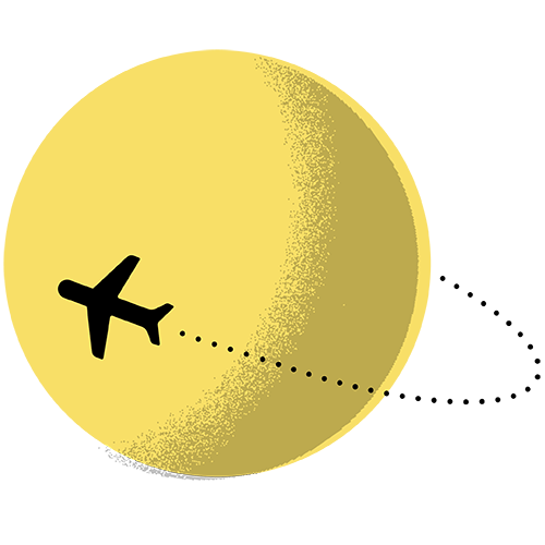 An airplane flying around a yellow sun.