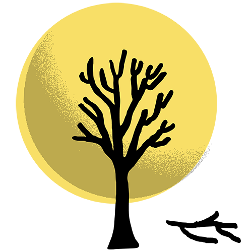 An illustrated tree with a broken branch in front of a yellow sun.