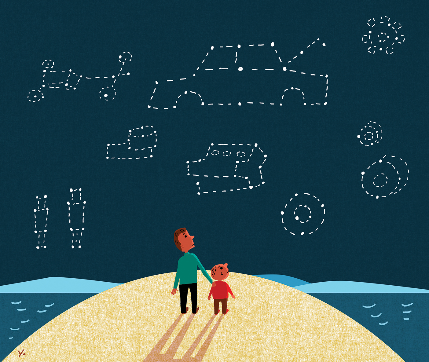 Cartoon drawing of a father and his kid staring up at the stars and constellations.