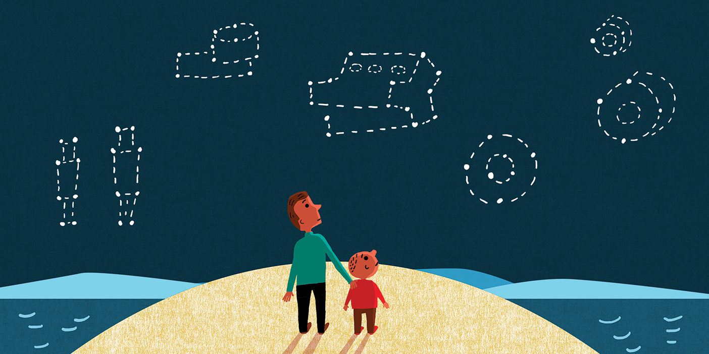 Cartoon drawing of a father and his kid staring up at the stars and constellations.