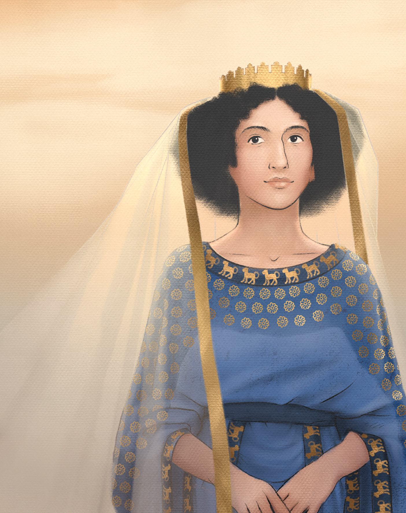 An illustration of Queen Esther from the Bible. She is wearing a crown with a veil and a blue dress.
