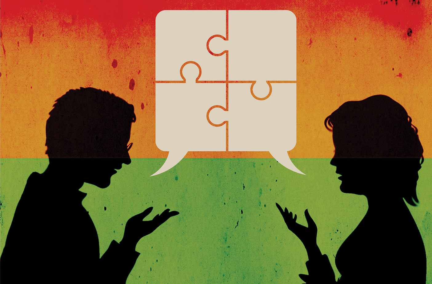 Illustration of a man and woman speaking to each other and a speech box above their heads is shaped like four interlocking puzzle pieces