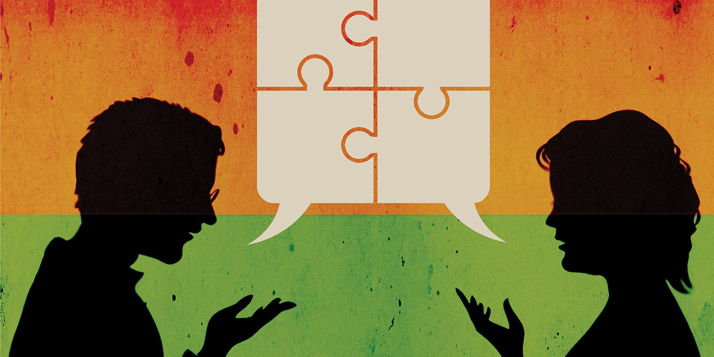 Illustration of a man and woman speaking to each other and a speech box above their heads is shaped like four interlocking puzzle pieces.
