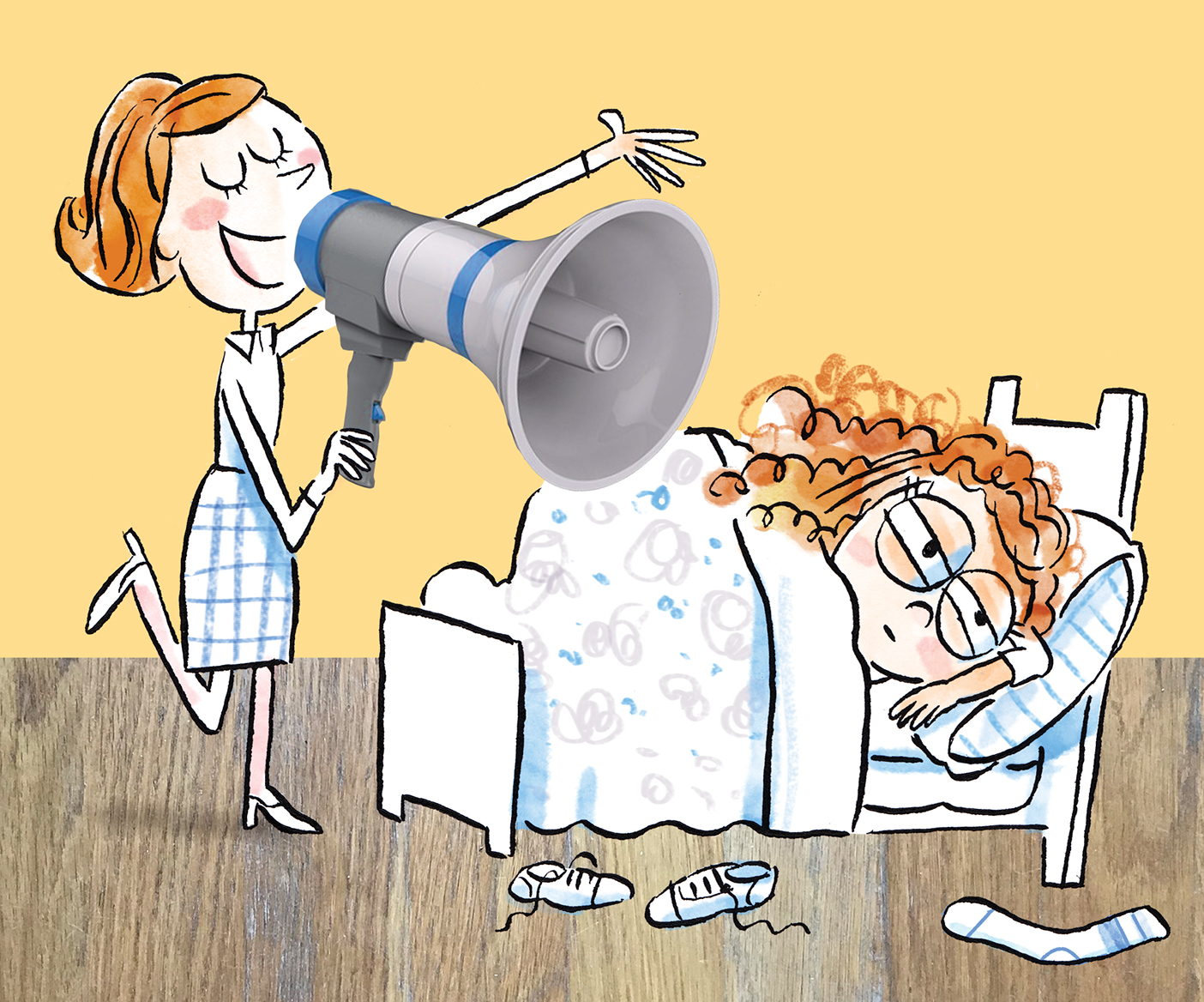 An illustration of a mother waking up her daughter with a megaphone.