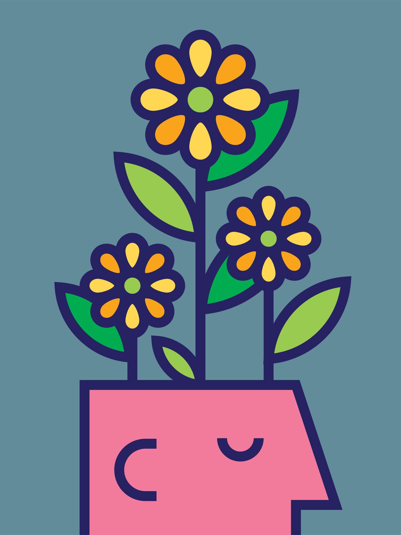 Illustration of a person with flowers growing out of head.