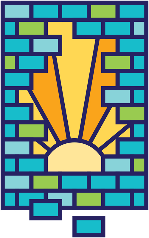 Illustration of a brick wall with a whole in the middle. The sun is shining through the hole.