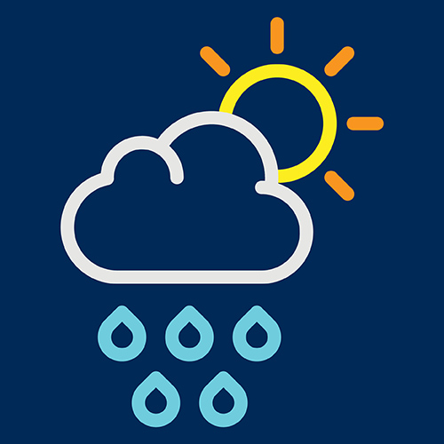 A line drawing of a cloud with rain, and a sun behind the cloud