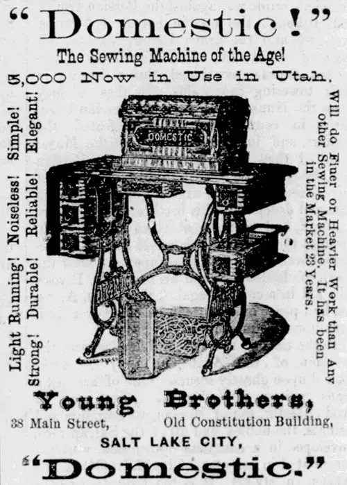 An old Woman's Exponent newspaper ad for a sewing machine.