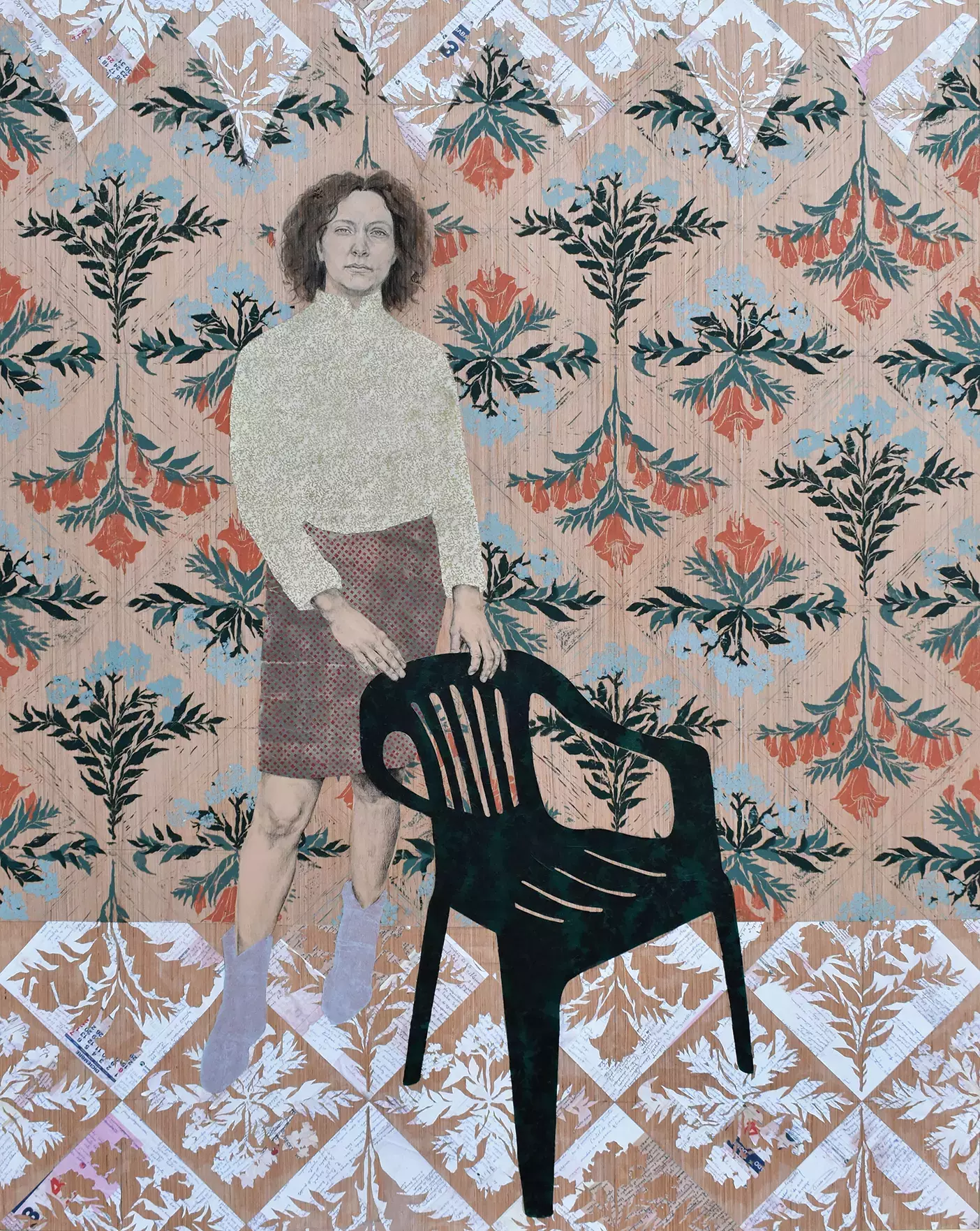 Painted collage of woman standing behind a garden chair