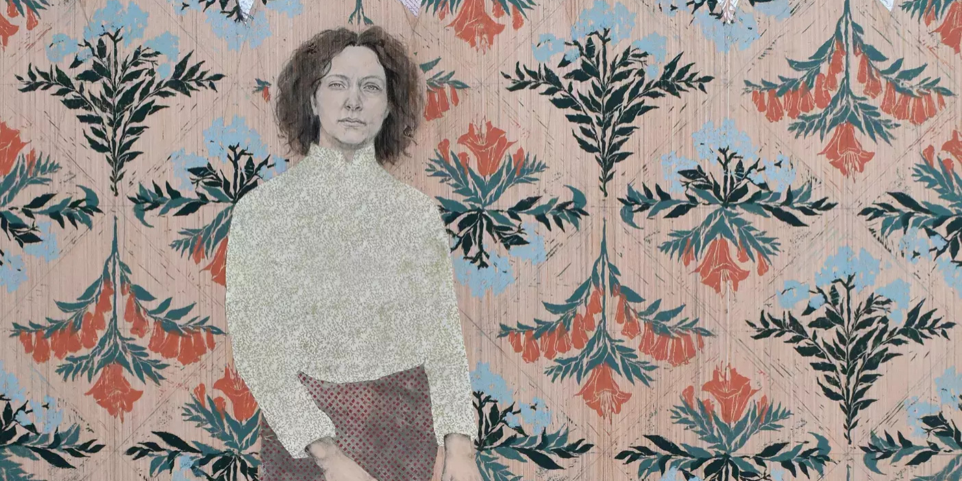 Painted collage of woman standing behind a garden chair