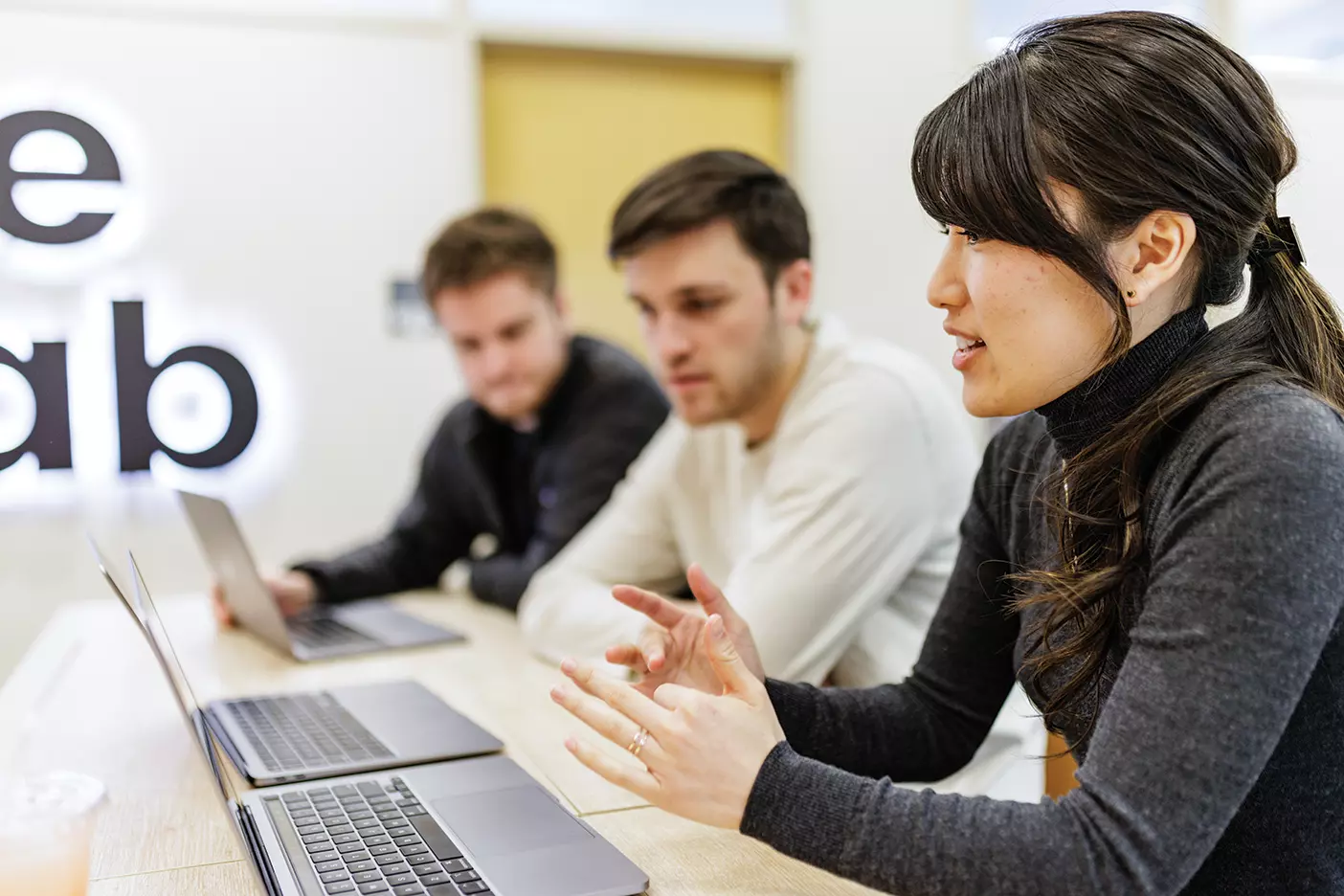 A team of entrepreneurial students collaborate at the Slab in the Tanner Building