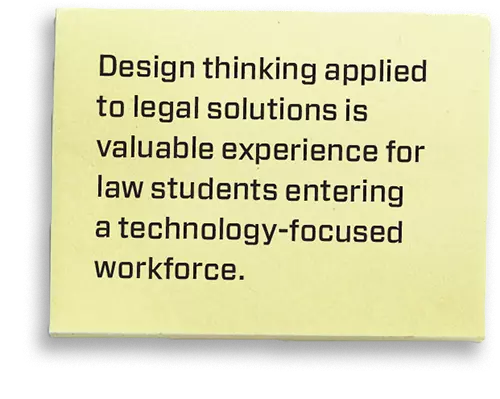 Design thinking applied to legal solutions is valuable experience for law students entering a technology-focused workforce.
