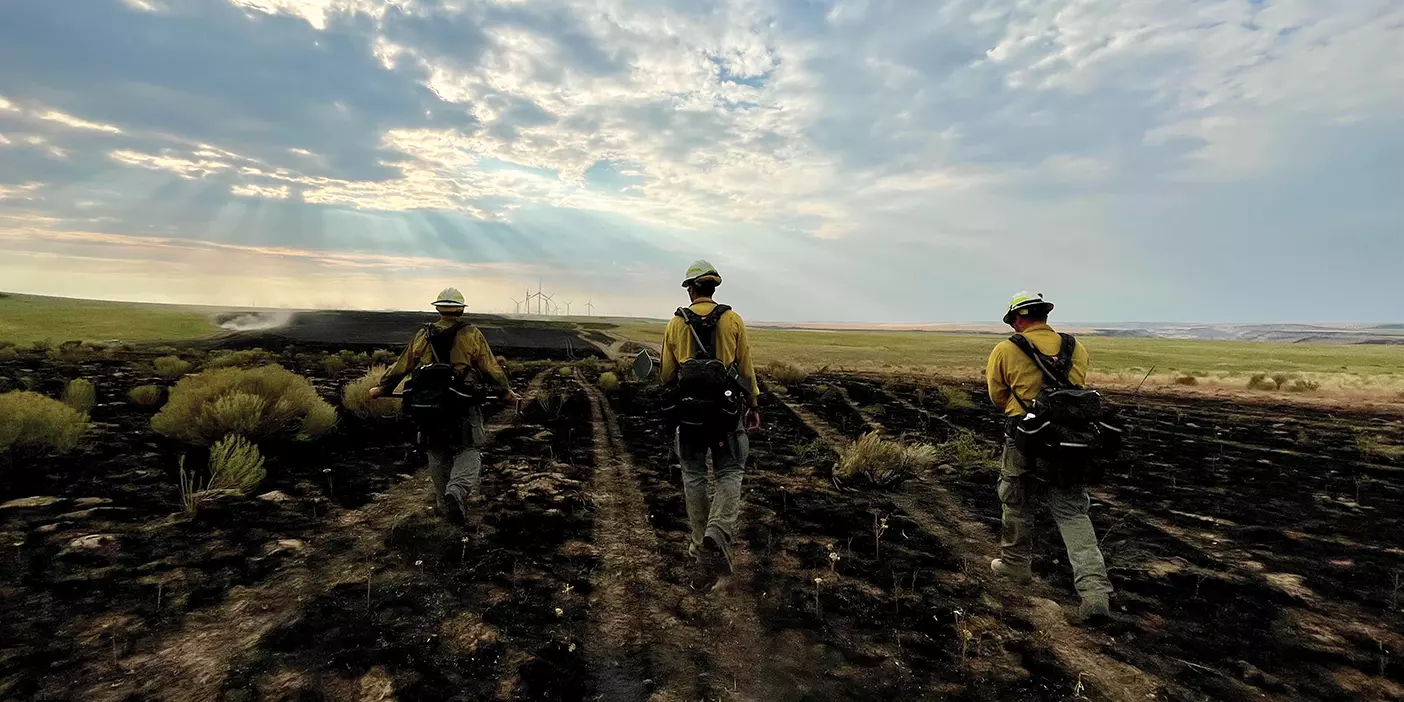 A group of summertime firefighters walking in Idaho