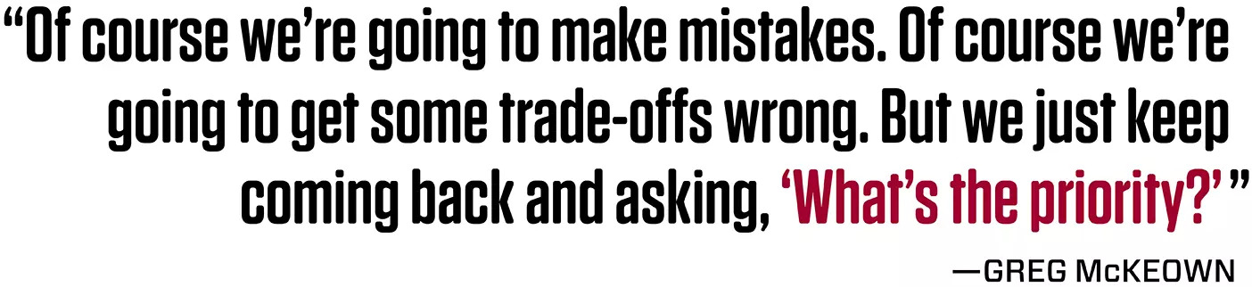 A black and red designed quote reading, “Of course we’re going to make mistakes. Of course we’re going to get some trade-offs wrong. But we just keep coming back and asking, ‘What’s the priority?’”