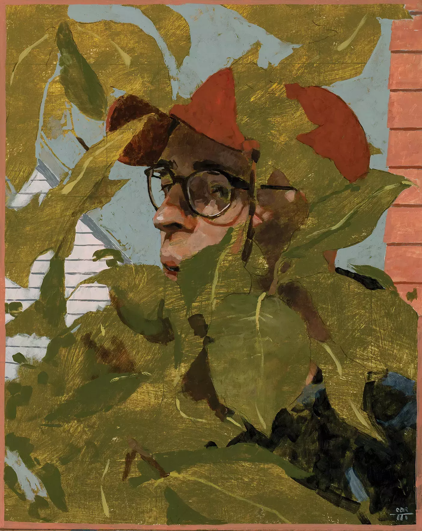 A painting by Colby A. Stanford of a man wearing glasses behind a tree.