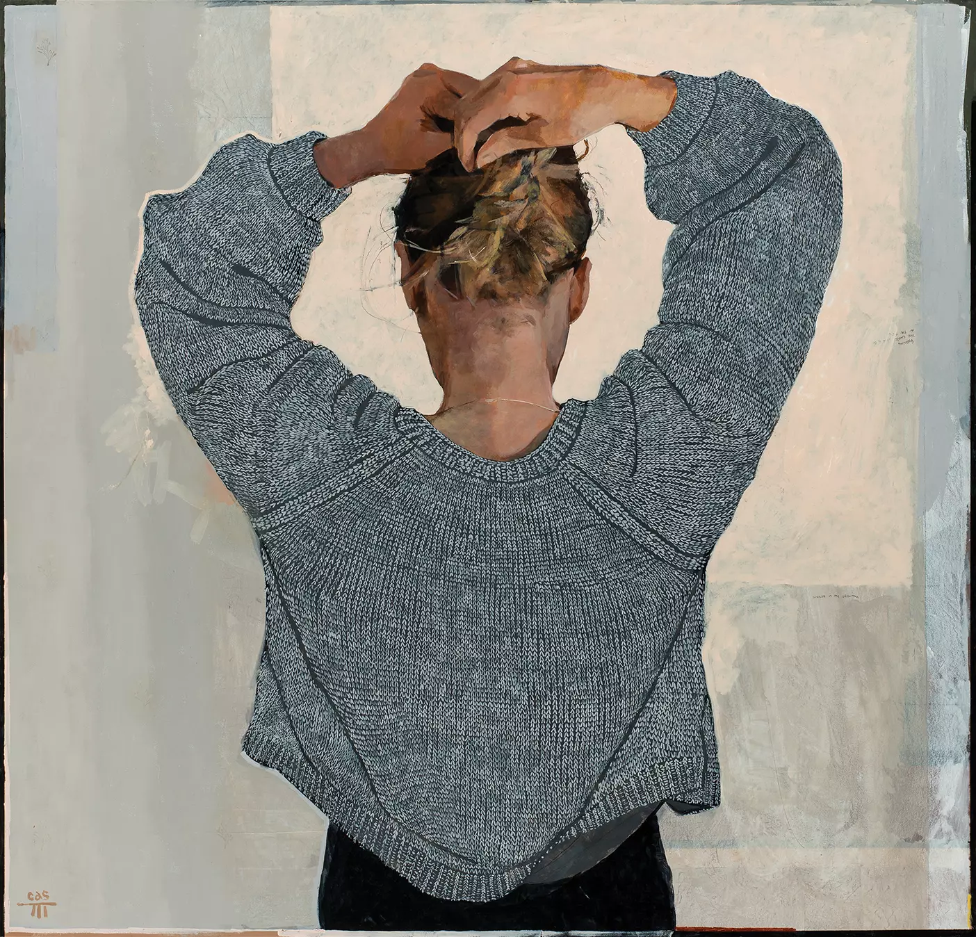 A painting by Colby A. Stanford of a woman twisting her hair into an updo.
