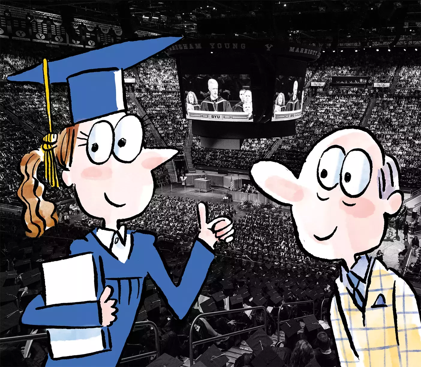 A dad in plaid and a grad in cap and gown gives a thumbs-up from the far seats of the Marriott Center during graduation.
