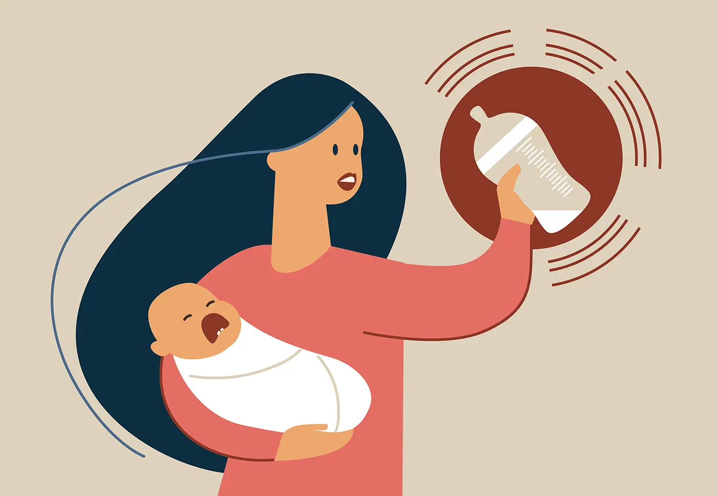 An illustration of a mom holding a crying baby and a nearly empty bottle of formula.
